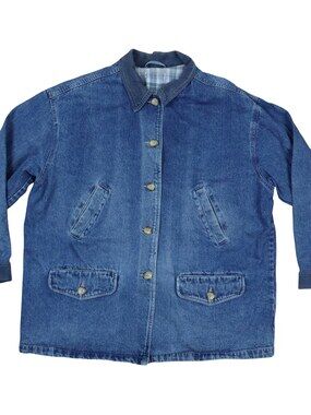Vintage Denim Chore Coat Jacket Rancher Blanket Plaid Lined Men's Large